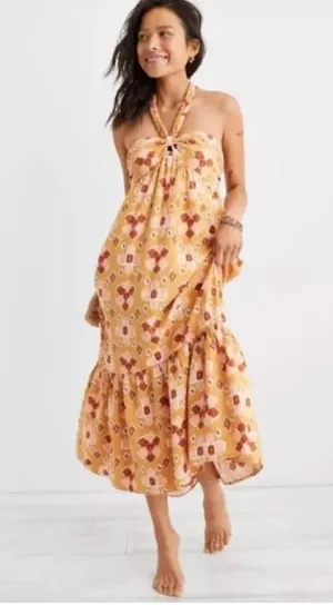 NEW Aerie Braided Halter Hi-lo Midi Maxi Dress Mustard Yellow thumbnail 1