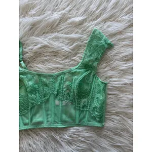 Victoria’s Secret Boho Floral Embroidery Cap Sleeve Corset Top Clueless Green M thumbnail 6