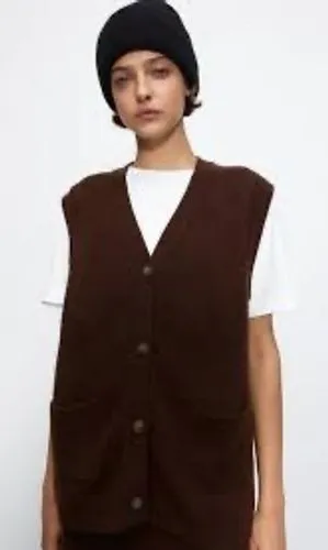 Zara Women Brown Llama Blend Oversized Knit Button Front Sweater Vest Small thumbnail 1