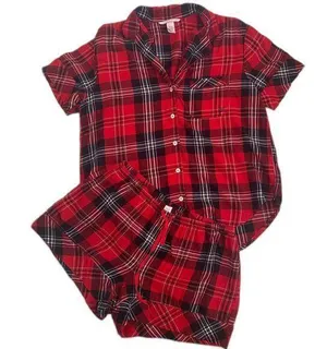 Victoria's Secret 2 piece red plaid tartan short sleeve shirt shorts pajamas XS thumbnail 1