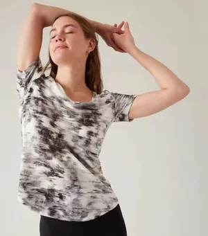 Athleta Short Sleeve Breezy Scoop V Neck Tee Shirt Black‎ White thumbnail 1