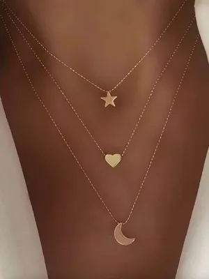 Gold Multilayer Pendant Necklace Moon Star Heart Celestial Goddess Boho Bohemian thumbnail 1