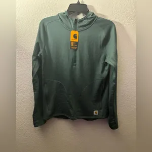 🆕Carhartt Women's Forest Green Force Relax Fit Half Zip Hooded T-Shirt S🆕 thumbnail 3