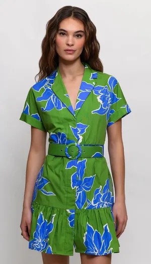Hutch‎ Green Blue Floral Belted Mini Shirt Dress NWT XS Short Sleeve Ruffle Hem thumbnail 1