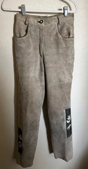 Vintage leather suede pants embroidered‎ german oktoberfest sz XS tan thumbnail 1