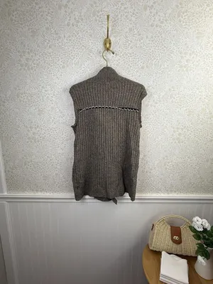 Free People Brown Knit Fringe Sleeveless Button Detail Vest - Size - Small thumbnail 3