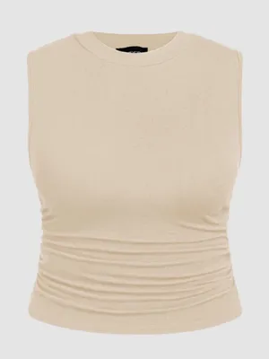 CIDER Beige Sleeveless High Neck Ruched Tank Top thumbnail 7
