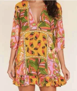 Tropical Patchwork Parrot Mini Dress Boho Resort Farm Rio Style Swim Cover S thumbnail 1