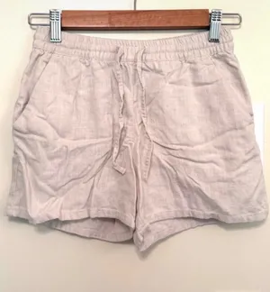 H&M light beige linen drawstring waist high waisted shorts thumbnail 1