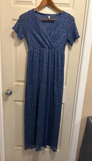 Pinkblush Blue Lace short sleeve, v neck Maternity maxi Dress- size medium thumbnail 1