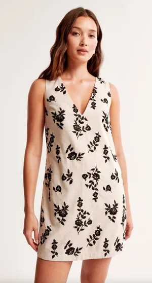Abercrombie & Fitch Linen Beige Black Embroidered Floral V-Neck Mini Dress XS thumbnail 1