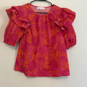Sugarlips Small Blouse Top Floral Puff Ruffle Sleeve Orange Pink Cotton Garden thumbnail 1