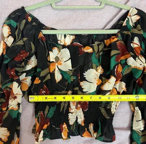 Black Square Neck Cottagecore Floral Chiffon Blouse With Ruffle Sleeves Top thumbnail 5