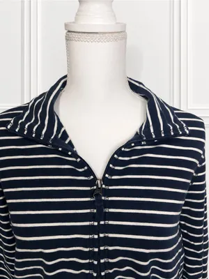 L.L.Bean Ultrasoft Sweats Full Zip Mock Neck Jacket Navy Stripe Women’s L thumbnail 4