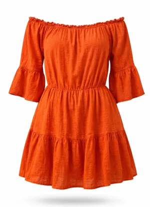 ASOS Orange Off Shoulder Mini Dress Size 14 Boho Peasant Tiered Dress thumbnail 1