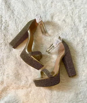 Bamboo Gold metallic glittery felt platform pump high heels with clear buckle straps thumbnail 3