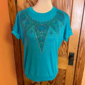 Vintage 80s Teal Gold Glitter Geometric Graphic Top Metallic Print Shirt thumbnail 12