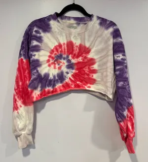 TNA CozyAF Fleece Purple Red‎ Tie Dye Cropped Sweatshirt Medium thumbnail 1