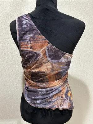 One-Shoulder Abstract Mesh Print Top - Brown & Purple Tones thumbnail 2