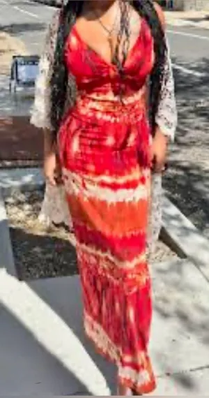 Bisou Bisou burnt orange abstract print smocked maxi dress size 4 thumbnail 1