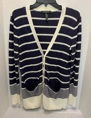 Lauren Ralph Lauren V Neck Navy & White Striped Cardigan Size Small thumbnail 1