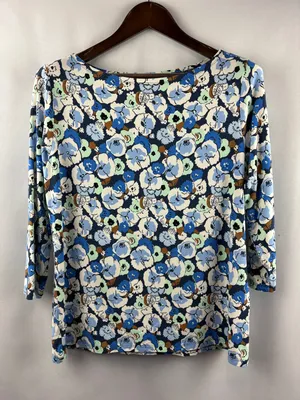 Women’s Ann Taylor Factory Large White, Blue, Brown Floral Blouse thumbnail 1