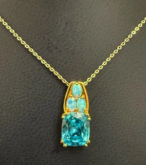 925 Sterling Gold Vermeil Cushion Cut Blue Topaz Gemstone Opal Pendant Necklace thumbnail 1