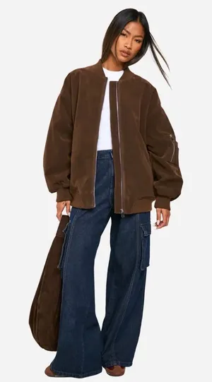 Boohoo Vintage Suede Look Oversized Bomber Jacket Chocolate Brown US 12 NEW thumbnail 1