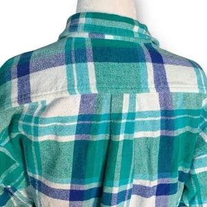Vintage 90s Kelly Green Blue Plaid‎ Flannel Button Front Long Sleeve Baggy Shirt thumbnail 8