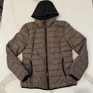 Guess Detachable Hoodie Puffer Jacket Women’s Size Large Taupe Outerwear Casual thumbnail 1