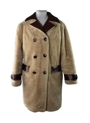 Vintage Fingerhut Fashions Fur Leather Coat Double Breasted Buttons Beige Sz 12 thumbnail 1