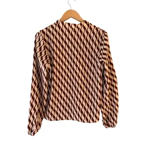 Brown Cream Abstract Wave Print Blouse Long Sleeve Retro Boho Statement thumbnail 3