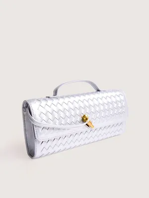 Woven Metallic Silver Shoulder Bag with Top Handle thumbnail 4