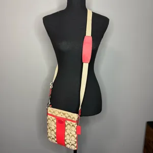 Coach Khaki Signature Canvas Crossbody with Red Leather Trim thumbnail 8
