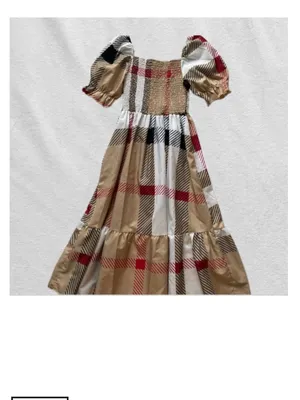 beige plaid smocked maxi dress Tan thumbnail 4