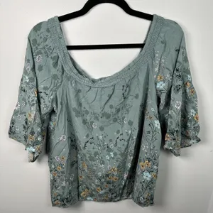 Maurices XL Blouse Womens Boho Green Floral Stretch‎ Neckline Off Shoulder thumbnail 12