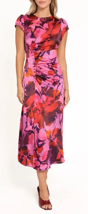 NEW Petal + Pup Lisbeth Cap Sleeve Satin Midi Dress in Magenta Floral - Size S thumbnail 1