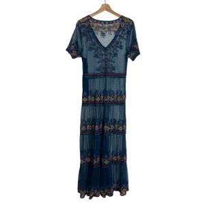 Sundance Maxi Dress Women's Embroidered Mesh Sheer Boho Teal Large thumbnail 2
