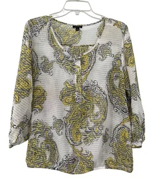 Ann Taylor Paisley Blouse Womens L Yellow Gray Sheer Used thumbnail 1
