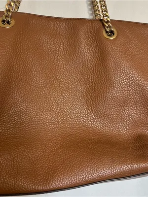 Michael Kors Cognac Pebbled Leather Tote with Gold Chain Straps zipper closure thumbnail 6