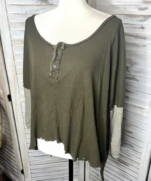 FREE PEOPLE Women's Small Star Oversized Henley Top Army Green Boho Distressed thumbnail 14