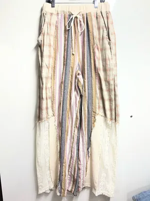 POL NEW relaxed fit patchwork cotton pants plaid, stripes, lace detail medium thumbnail 6