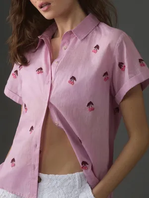Maeve Anthropologie Fruit Short Sleeve Button Down Cherry Pink thumbnail 1