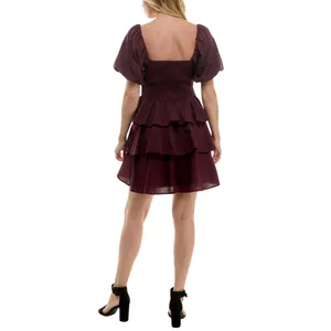 Crystal Doll Sweetheart-Neck Puffed Sleeve Fit Flare Dress Merlot Red 2XS thumbnail 11