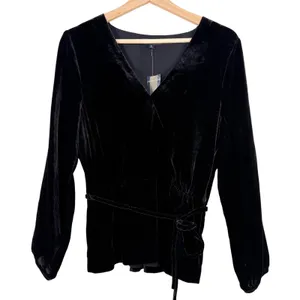 J. Crew Black Velvet Faux‎ Wrap Long Sleeve Tie Waist Blouse Size 10 thumbnail 1