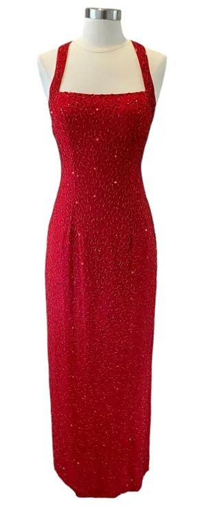 Vintage Sean Collection Red Silk Beaded Gown with Open Back thumbnail 1