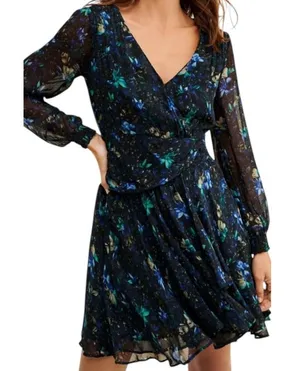 NWT Anthropologie Ruched Floral‎ Mini Dress Black Blue Size XS Fairy Feminine thumbnail 1