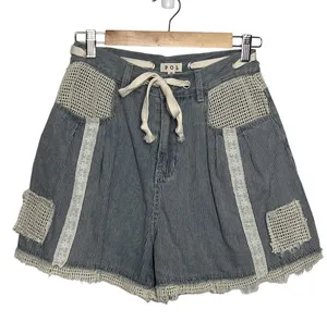 POL Crochet Drawstring Shorts Small Blue White Denim Cotton thumbnail 1