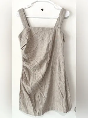 Abercrombie & Fitch Linen-Blend Ruched Square Neck Mini Dress Medium Beige NWT thumbnail 5