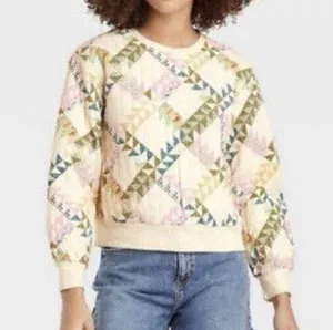 Universal Threads Quilt Quilted Cream Colorful Crew Neck Sweater Top Pullover thumbnail 2